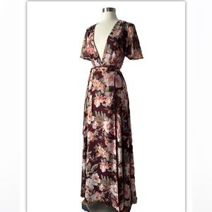 Privacy Please Dress Women's XS Maxi Wrap Moody Dark Floral Burgundy Boho